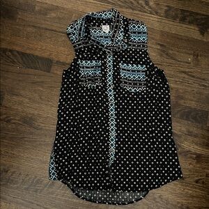 Sleeveless Black and Turquoise Patterned Women's Top